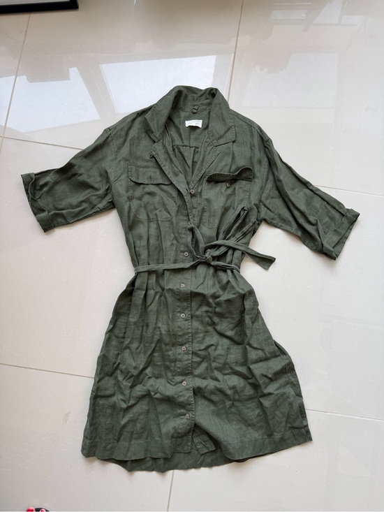 Lou & Grey Dresses & Skirts - Lou & Grey Olive Green Button-Up Shirt Dress w/Tie Belt 100% Linen